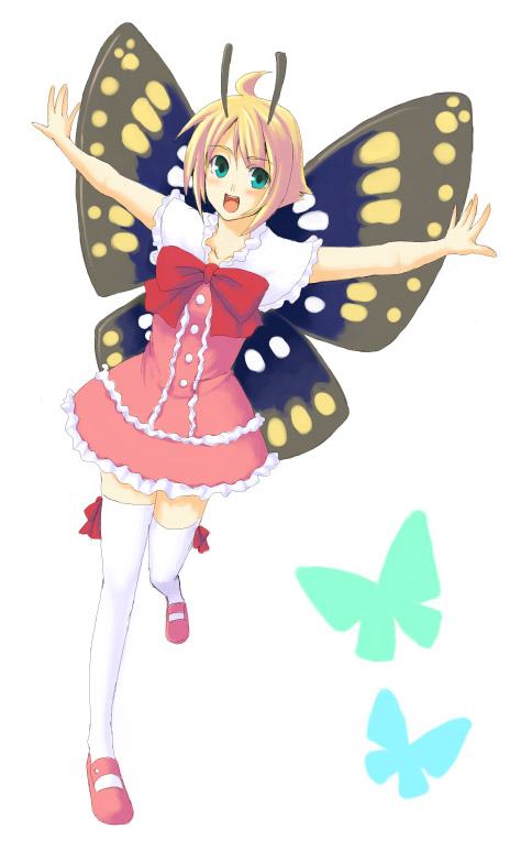 unasaka ryou, shimon (shimotsuma), shimotsuma, antennae, bug, butterfly, crossdressing, fairy, insect, legs, pink theme, solo, thighhighs, wings