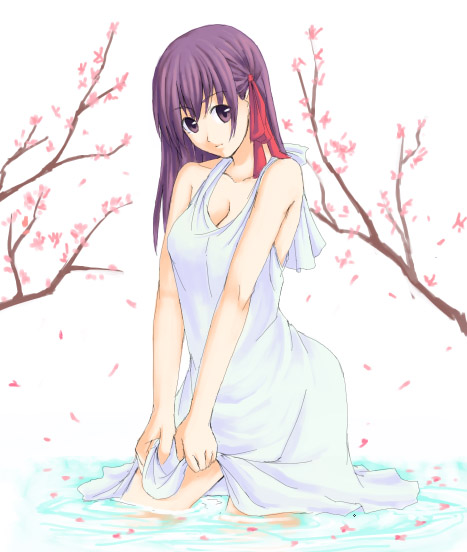 unasaka ryou, matou sakura, fate/stay night, fate (series), 00s, 1girl, cherry blossoms, female focus, name connection, object namesake, solo, water