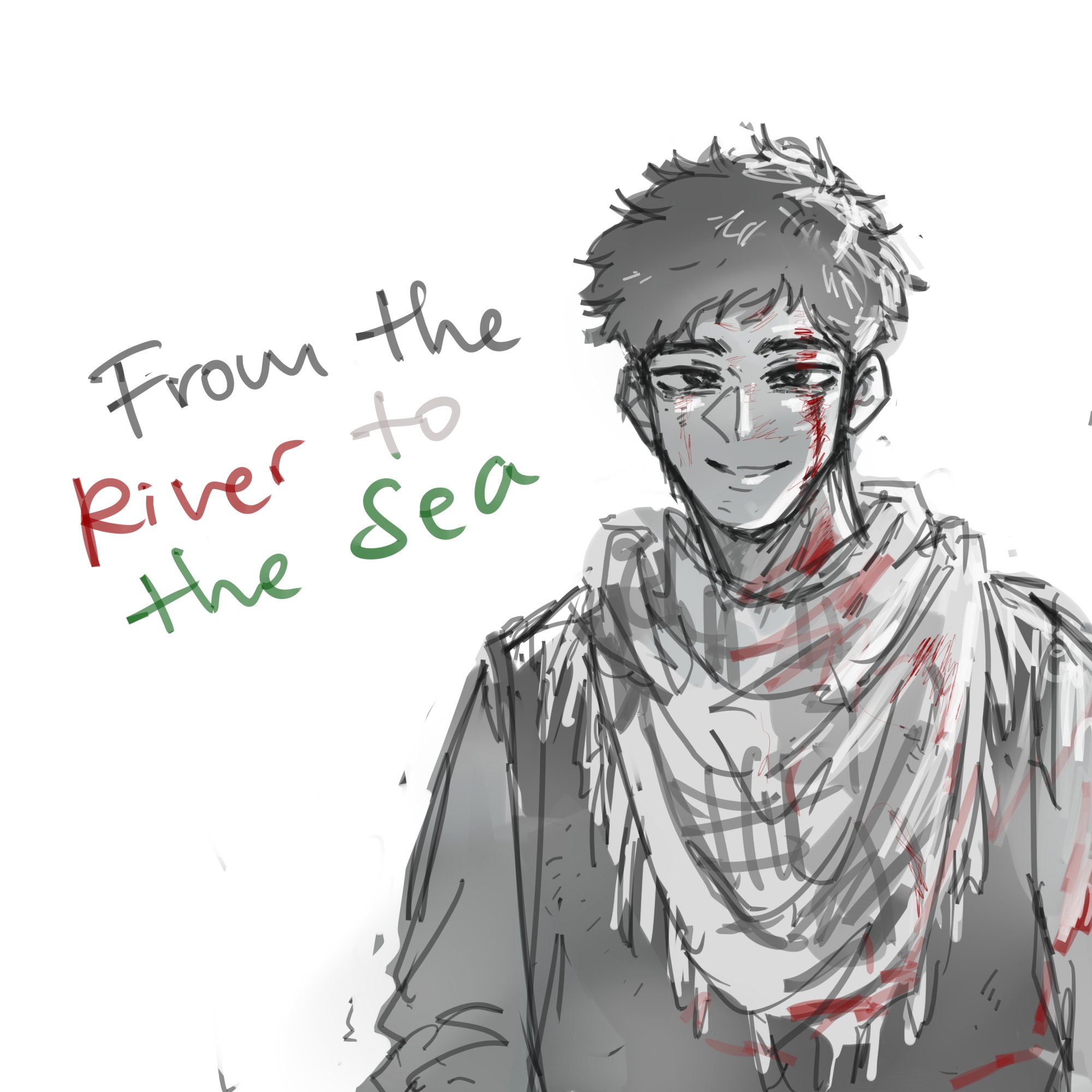 original, hashtag-only commentary, highres, 1boy, blood, blood on clothes, blood on face, brown hair, cahepep, english text, gaza, israel-hamas war, looking at viewer, male focus, palestine, scarf, shirt, short hair, simple background, smile, solo, upper body, white background