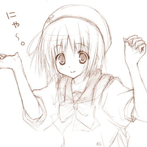 luna lia, nekomiya nono, yotsunoha, graphite (medium), traditional media, translation request, 00s, 1girl, beret, blush, bow, female focus, hat, monochrome, nyan, school uniform, serafuku, short hair, sketch, smile, solo
