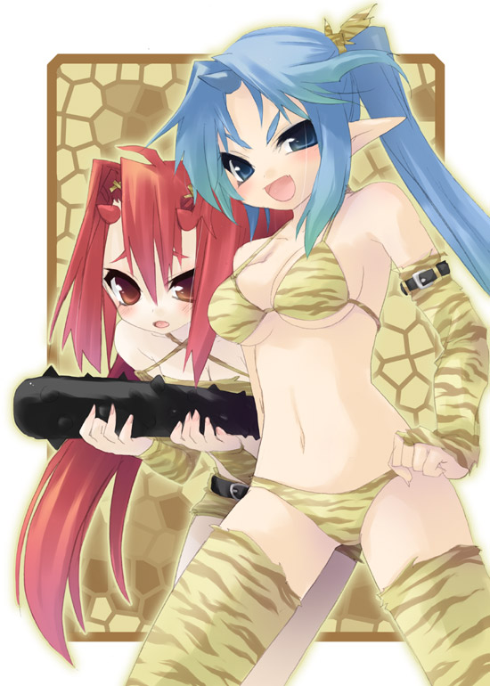 sazaki ichiri, 2girls, animal print, bikini, blue eyes, blue hair, blue oni, club (weapon), horns, kanabou, long hair, multiple girls, oni, pink hair, pointy ears, ponytail, red eyes, red hair, red oni, swimsuit, thighhighs, tiger print, weapon