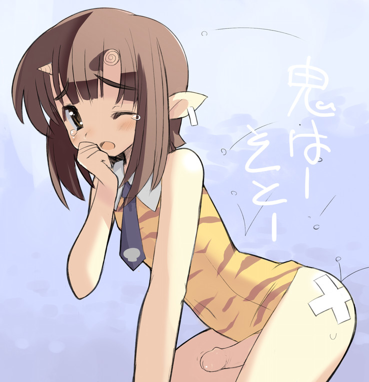 sikorsky, original, 1boy, bandaid, beans, brown hair, crossdressing, crossdressing (mtf), gradient background, male focus, necktie, oni, open mouth, penis, pointy ears, setsubun, shota, solo, tears, trap, uncensored, wince
