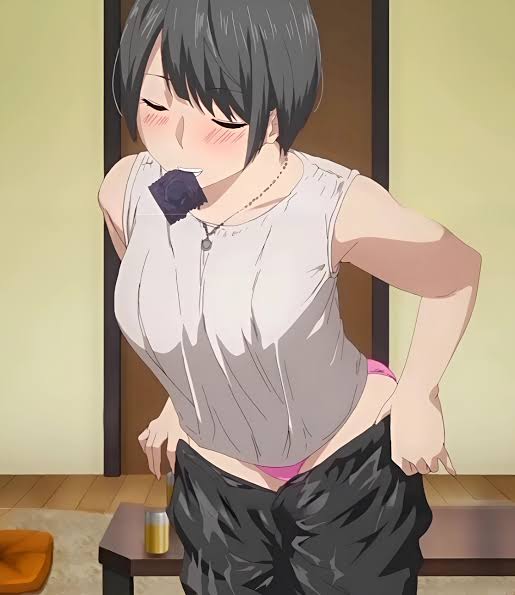 uwaki to honki, absurdres, highres, 1girl, alcohol, beer, beer can, can, closed eyes, condom, condom in mouth, drink can, drunk, jewelry, mouth hold, necklace, panties, pants, pink panties, short hair, skirt, solo, underwear, unworn pants