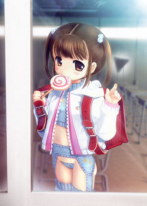 kouguchi moto, copyright request, 1girl, backpack, bag, blue panties, blue sweater, blue thighhighs, blush, brown eyes, brown hair, candy, classroom, desk, fang, female focus, flat chest, food, garter belt, hair bobbles, hair ornament, hood, hoodie, loli, lollipop, long sleeves, looking at viewer, midriff, mouth hold, navel, panties, print panties, print sweater, randoseru, short hair, solo, star (symbol), star print, sweater, swirl lollipop, thighhighs, twintails, underwear, white hoodie, window