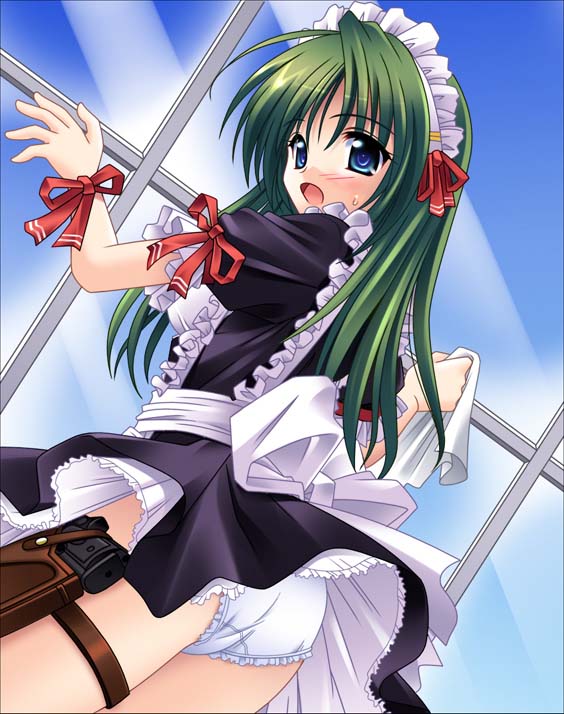 matra milan, original, 1girl, ass, blue eyes, cleaning, cleaning windows, female focus, frilled panties, frills, from behind, green hair, gun, hairband, handgun, holster, maid, open mouth, panties, pistol, solo, thigh holster, underwear, weapon, white panties, window