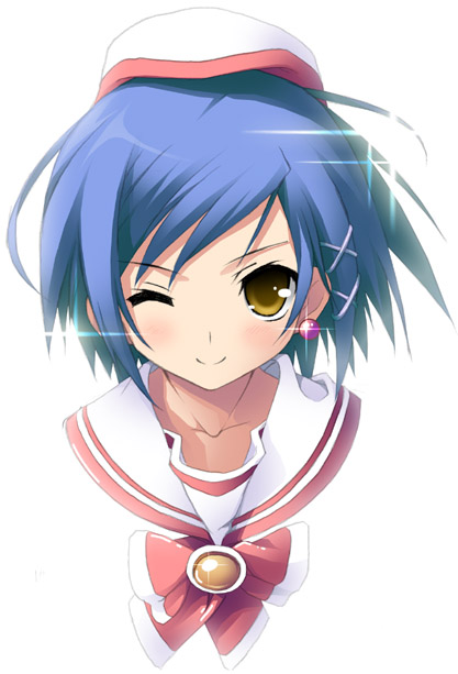 kantoku, aika granzchesta, aria (manga), 00s, 1girl, blue hair, blush, collarbone, earrings, female focus, hair ornament, hat, jewelry, looking at viewer, one eye closed, portrait, purple hair, school uniform, serafuku, short hair, simple background, smile, solo, white background, wink, yellow eyes