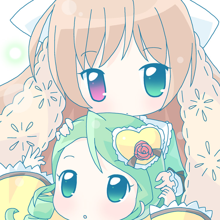 mirai (sugar), kanaria, suiseiseki, rozen maiden, 00s, 2girls, :o, arms up, blue eyes, brown hair, chibi, close-up, frills, green eyes, green hair, hair ornament, heart, heart hair ornament, heterochromia, long hair, looking at viewer, multiple girls, parted lips, red eyes, simple background, very long hair, white background