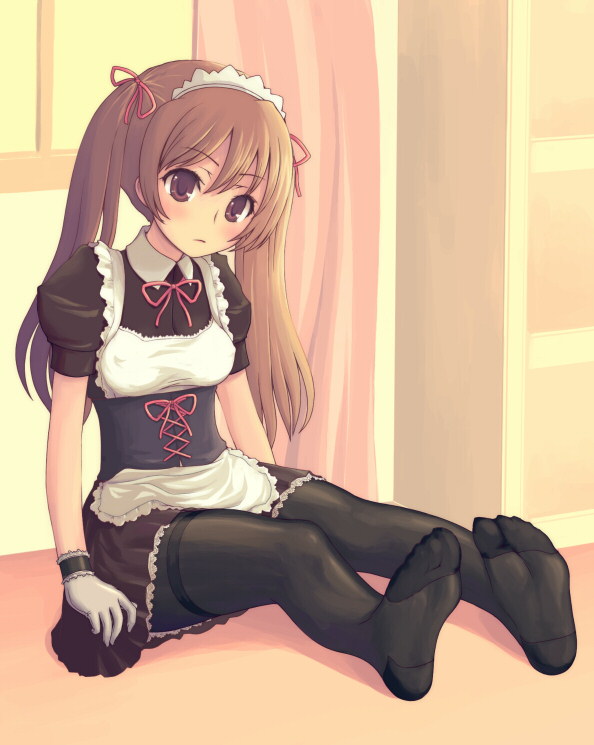 kimarin, original, 1girl, black pantyhose, breasts, brown eyes, brown hair, covered erect nipples, feet, female focus, gloves, maid, medium breasts, pantyhose, solo, thighband pantyhose, twintails