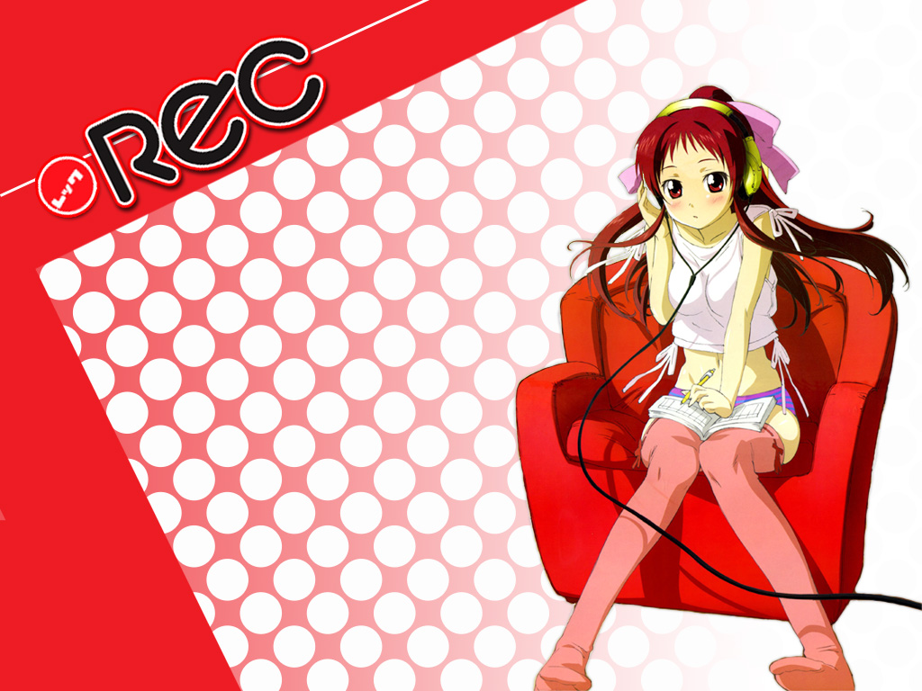 morioka hideyuki, onda aka, rec (manga), official art, official wallpaper, 00s, 1girl, blush, chair, couch, crop top, embarrassed, female focus, hair ribbon, hand on own ear, headphones, long hair, midriff, navel, no pants, notebook, panties, pen, pink thighhighs, polka dot, polka dot background, ponytail, red eyes, red hair, red upholstery, ribbon, sitting, solo, striped clothes, striped panties, tank top, thighhighs, underwear