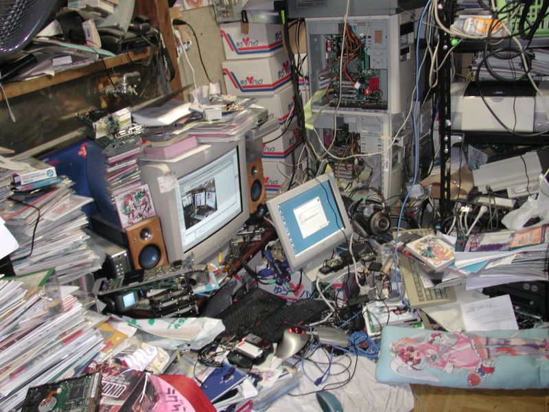 nayah, photo (medium), absurdly detailed composition, cable, computer, computer keyboard, dakimakura (object), loaded interior, messy room, no humans, otaku room, pillow