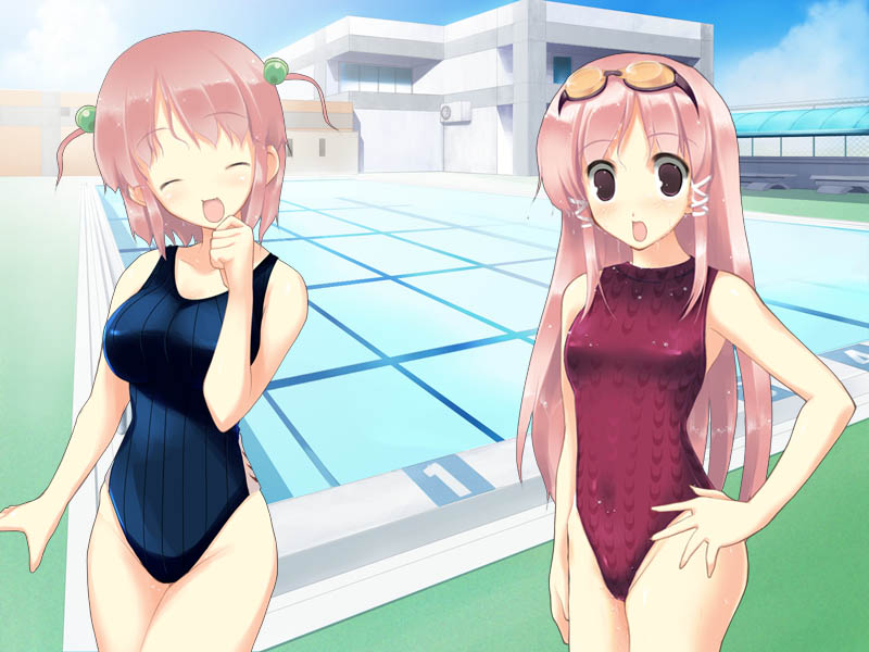hitomi sena, hitomi yomi, sukumizu 2, game cg, 2girls, :d, blue one-piece swimsuit, closed eyes, cloud, competition swimsuit, day, goggles, goggles on head, hair bobbles, hair ornament, hand on own hip, multiple girls, one-piece swimsuit, open mouth, outdoors, perspective, pink hair, pool, poolside, red eyes, red one-piece swimsuit, school, siblings, sisters, sky, smile, swimsuit, tachi-e