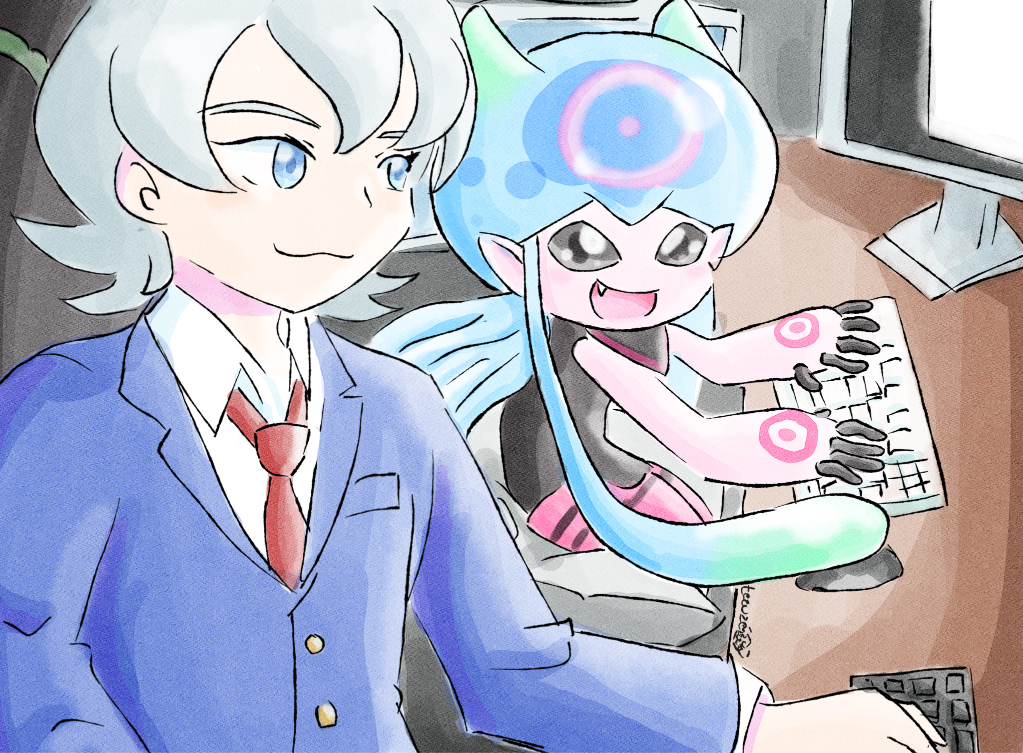 tezuze, higashimitarai kiyoshiro, jellymon, digimon, digimon ghost game, bandaged arm, bandages, blue eyes, digimon (creature), jellyfish girl, monster girl, short hair, tentacle hair, tentacles, white hair