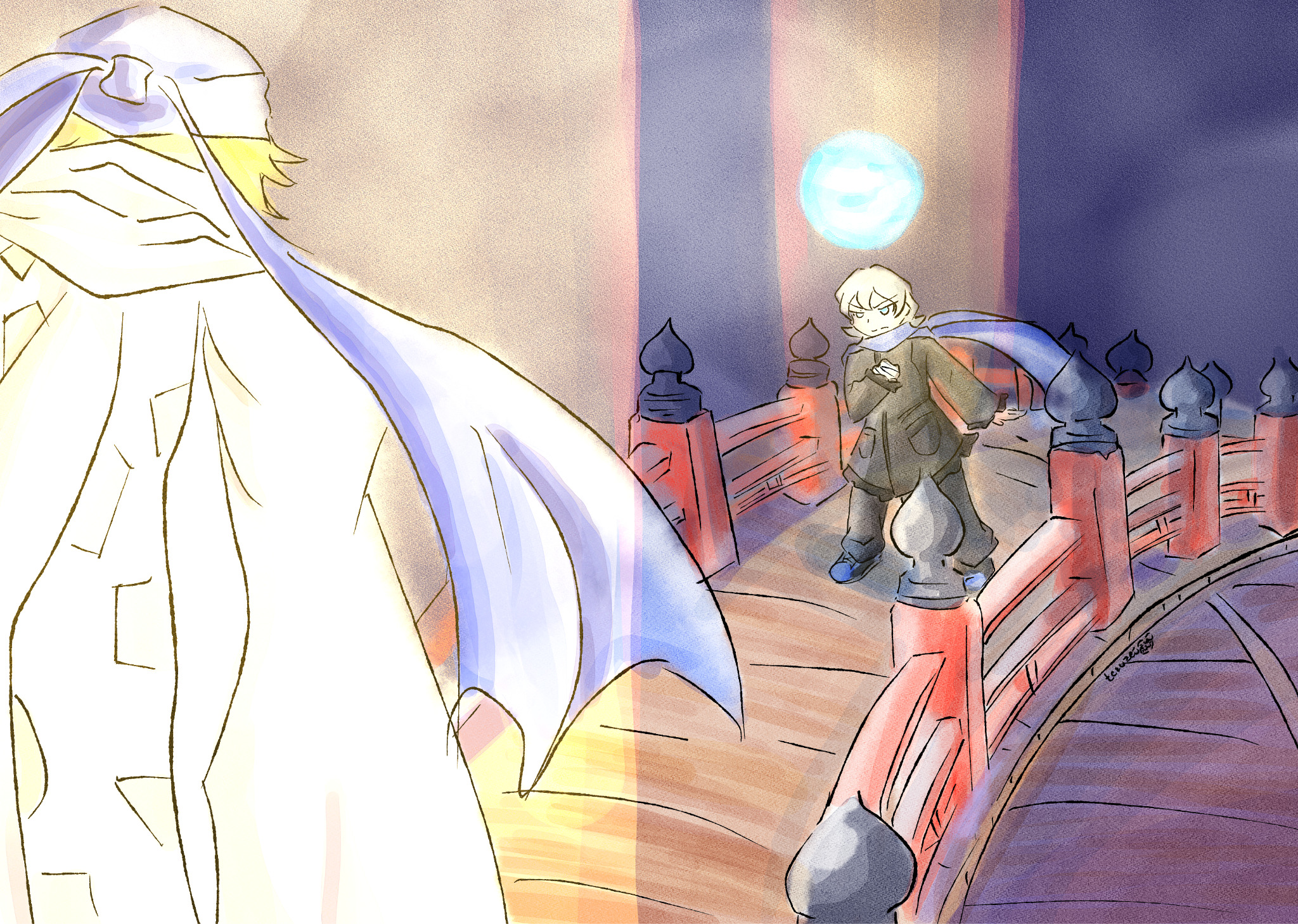 baalmon, higashimitarai kiyoshiro, digimon, digimon ghost game, bandaged arm, bandages, blue eyes, looking at another, short hair, white hair