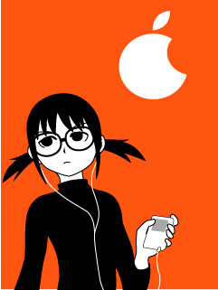 ogiue chika, genshiken, lowres, 00s, 1girl, digital media player, female focus, glasses, ipod, ipod ad, monochrome, orange background, solo