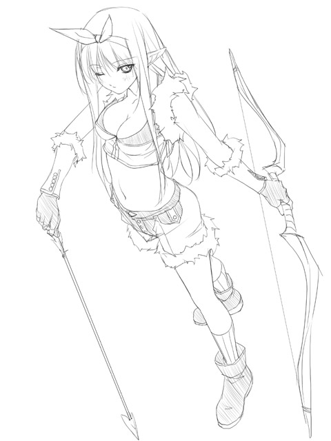 rokuwata tomoe, sniper (ragnarok online), ragnarok online, 1girl, arrow (projectile), bow, bow (weapon), breasts, cleavage, elf, female focus, from above, greyscale, midriff, monochrome, navel, one eye closed, pointy ears, sketch, solo, weapon