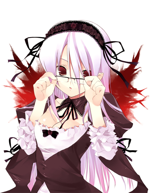 oba kagerou, ooba kagerou, suigintou, rozen maiden, silver hair, 00s, 1girl, bespectacled, breasts, cleavage, female focus, glasses, gothic lolita, lolita fashion, long hair, medium breasts, red eyes, simple background, solo, white background