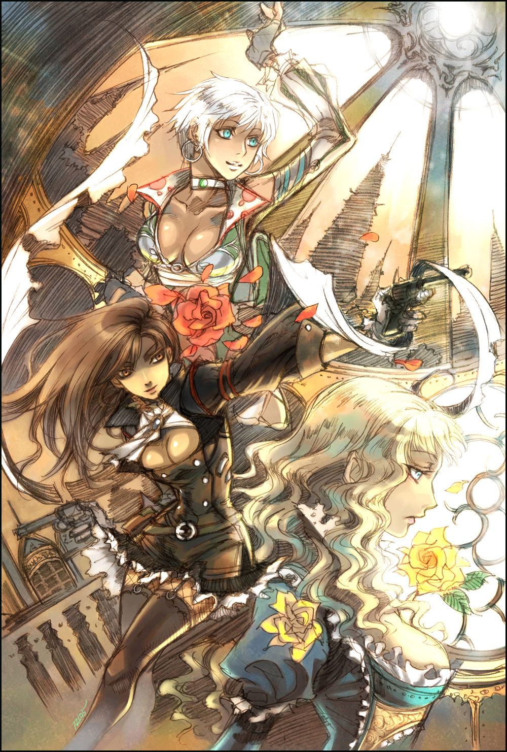 fighter (granado espada), scout (granado espada), warlock (granado espada), granado espada, highres, 3girls, ascot, blonde hair, blue eyes, breasts, brown eyes, brown hair, cleavage, dark-skinned female, dark skin, dual wielding, earrings, elementalist, everyone, fingerless gloves, fishnets, flower, frills, garter belt, gloves, gun, handgun, hands on own hips, holding, jewelry, large breasts, long hair, miniskirt, multiple girls, musketeer, revolver, rose, short hair, skirt, thighhighs, weapon, white hair