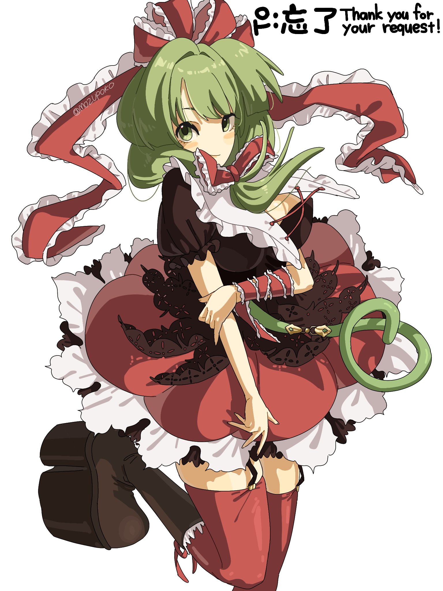 mozupoko, kagiyama hina, touhou, commission, highres, skeb commission, 1girl, blush stickers, dress, green eyes, green hair, hair ribbon, looking at viewer, red dress, red thighhighs, ribbon, solo, thigh strap, thighhighs