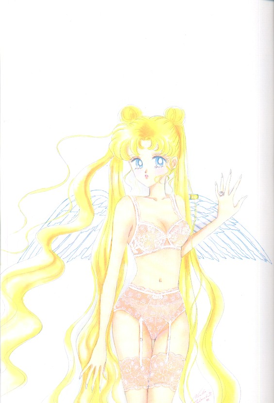 takeuchi naoko, tsukino usagi, bishoujo senshi sailor moon, lace-trimmed legwear, commentary, non-web source, official art, 1990s (style), 1girl, angel wings, blonde hair, blue eyes, bra, breasts, cleavage, cowboy shot, double bun, female focus, garter belt, hair bun, jewelry, lace, lace trim, lingerie, long hair, pale color, panties, parted lips, retro artstyle, ring, signature, solo, thighhighs, twintails, underwear, underwear only, very long hair, wavy hair, wings