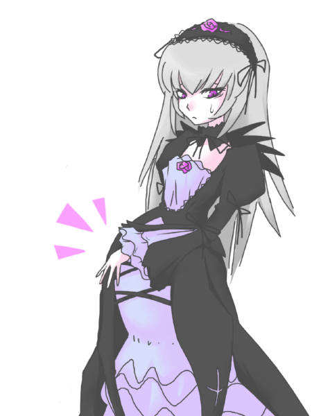 suigintou, rozen maiden, light purple hair, 00s, 1girl, :<, choker, cleavage cutout, clothing cutout, coat, dress, female focus, flat chest, frilled dress, frills, gothic lolita, hairband, hand on own stomach, lolita fashion, long hair, looking at viewer, nervous, oekaki, pregnant, puffy sleeves, simple background, solo, standing, sweatdrop, white background, white hair, wide sleeves, wings