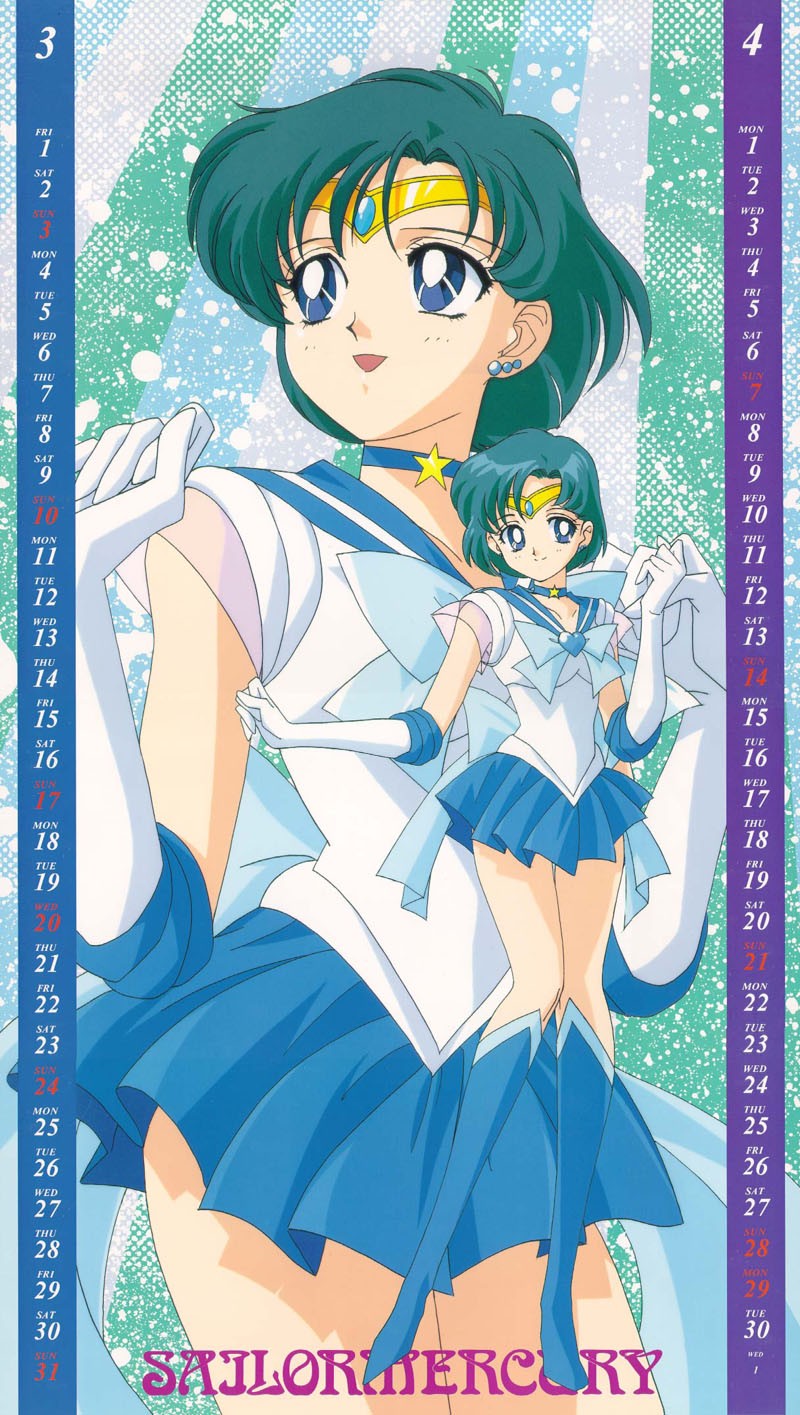 mizuno ami, sailor mercury, bishoujo senshi sailor moon, highres, 1990s (style), 1girl, blue eyes, blue hair, calendar, choker, female focus, full body, green hair, matching hair/eyes, school uniform, serafuku, solo