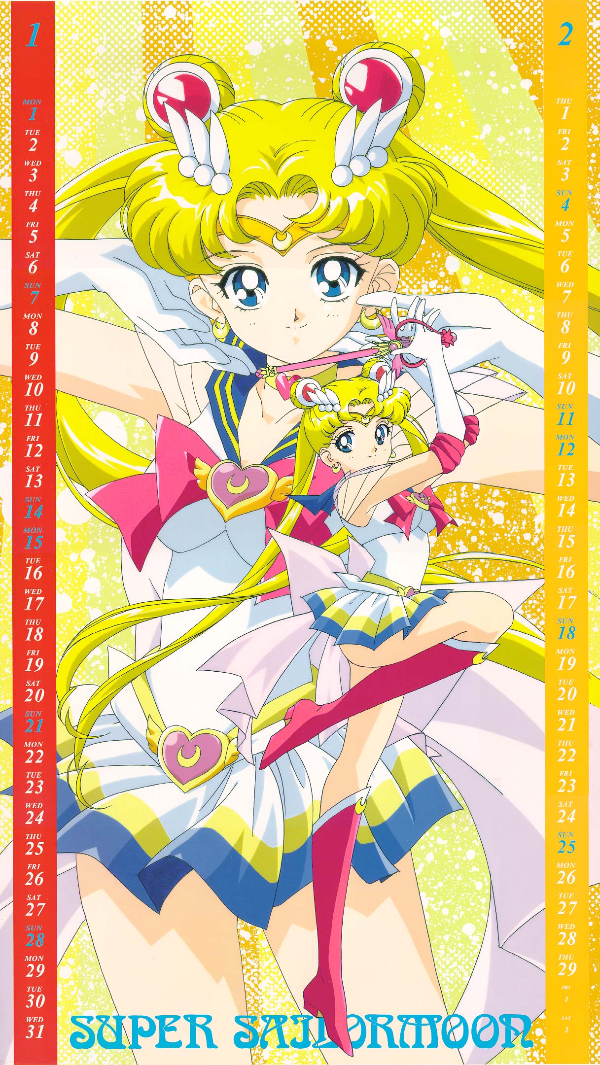 itou ikuko, sailor moon, super sailor moon, tsukino usagi, bishoujo senshi sailor moon, bishoujo senshi sailor moon supers, highres, official art, 1990s (style), 1girl, blonde hair, blue eyes, blue sailor collar, boots, bow, brooch, calendar, character name, choker, crescent moon, double bun, earrings, elbow gloves, february, female focus, gloves, hair bun, hair ornament, heart, heart brooch, january, jewelry, knee boots, legs, long hair, magical girl, moon, multicolored skirt, pleated skirt, red bow, retro artstyle, sailor collar, scepter, school uniform, serafuku, skirt, smile, solo, tiara, twintails, very long hair, white gloves