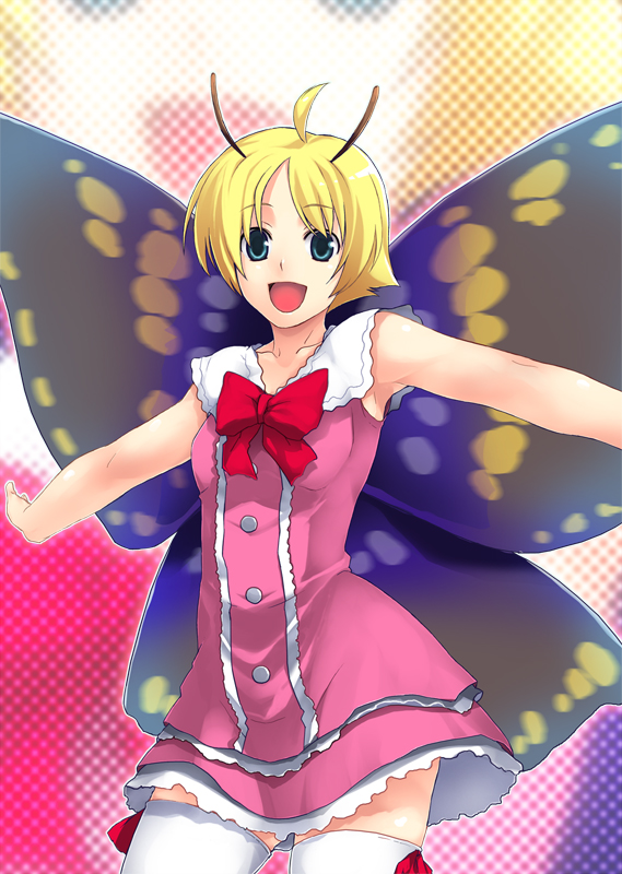 shimon (shimotsuma), shimotsuma, 1boy, antennae, blonde hair, bug, butterfly, butterfly wings, fairy, insect, insect wings, male focus, solo, thighhighs, trap, white thighhighs, wings