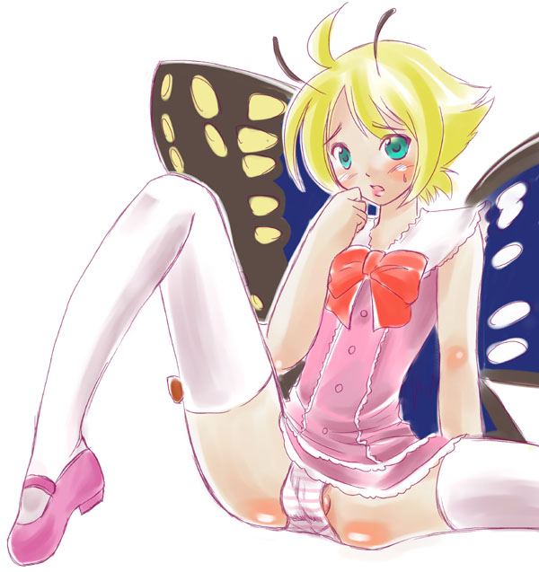 shimon (shimotsuma), shimotsuma, artist request, 1boy, 1girl, antennae, blonde hair, fairy, female focus, loli, male focus, panties, shota, solo, striped clothes, striped panties, thighhighs, trap, underwear, wings