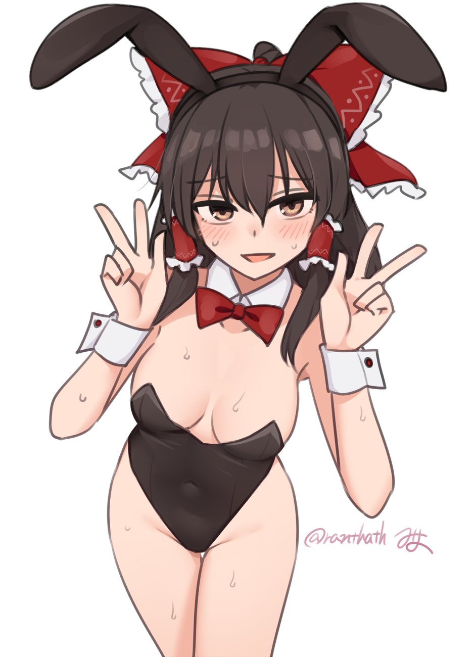 miyo (ranthath), hakurei reimu, touhou, highres, 1girl, alternate costume, animal ear hairband, animal ears, black hair, black hairband, black leotard, bow, bowtie, breasts, brown-framed eyewear, covered navel, cowboy shot, detached collar, double w, fake animal ears, frilled hair tubes, frills, hair between eyes, hair bow, hair tubes, hairband, leotard, long hair, looking at viewer, medium breasts, playboy bunny, rabbit ear hairband, rabbit ears, red bow, red bowtie, sidelocks, signature, solo, strapless, strapless leotard, twitter username, w, white background, wrist cuffs