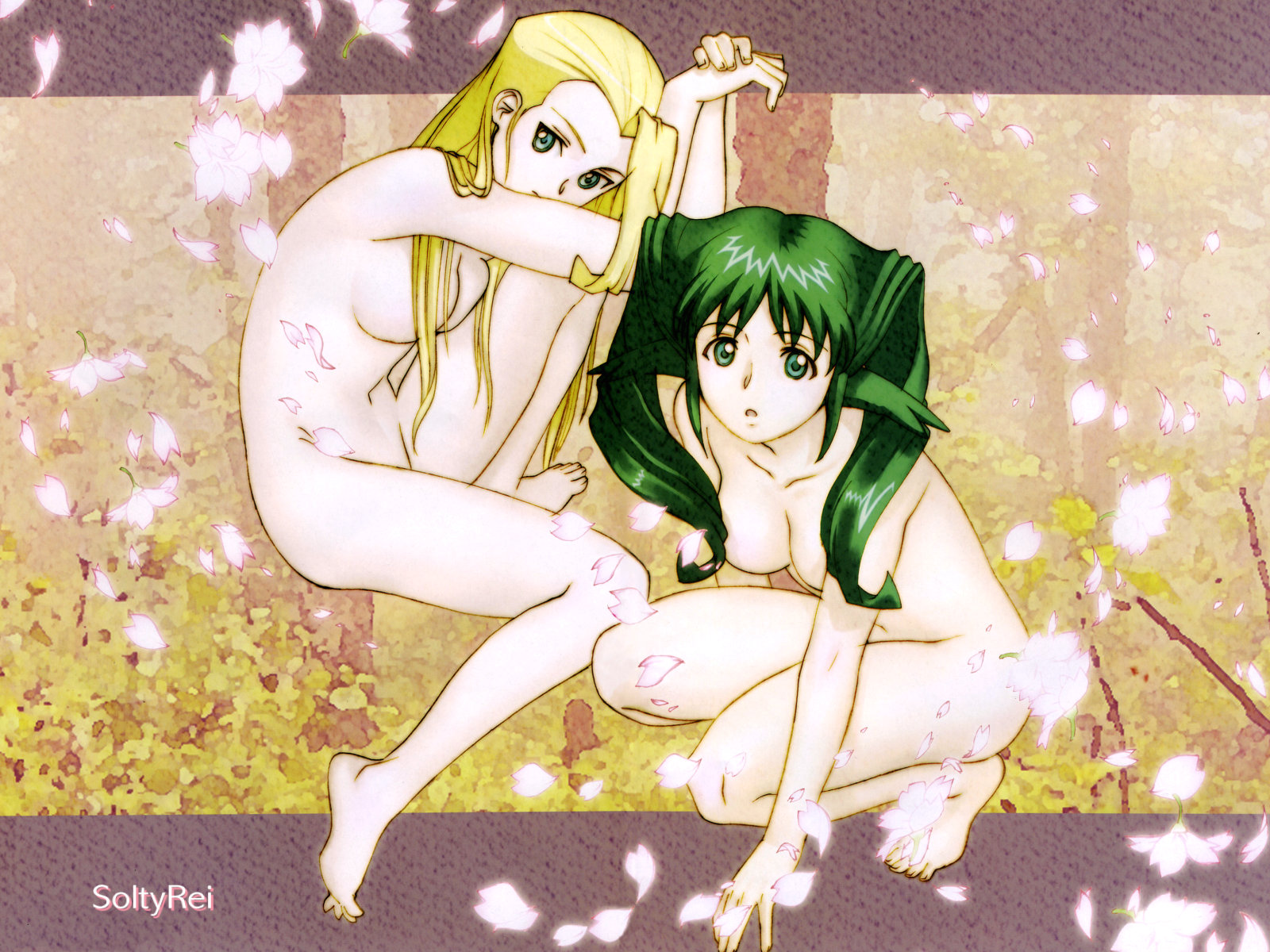 hamakawa shuujirou, rose anderson, solty revant, solty rei, highres, official art, official wallpaper, 00s, 2girls, :o, ahoge, barefoot, blonde hair, breast press, breasts, censored, cherry blossoms, convenient censoring, feet, green eyes, green hair, groin, hair censor, hair over breasts, large breasts, legs, long hair, multiple girls, nude, open mouth, petals, rita revant, sideboob, sitting, squatting, twintails