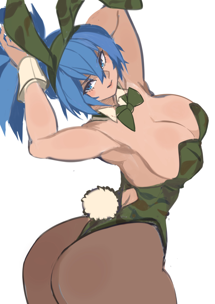 leona heidern, the king of fighters, 1girl, ass, blue eyes, blue hair, bodysuit, breasts, curvy, female focus, from behind, huge ass, huge breasts, kuwango3838, large breasts, leotard, long hair, looking at viewer, looking back, military, pale skin, pants, pantyhose, playboy bunny, ponytail, rabbit, rabbit ears, rabbit tail, see-through clothes, standing, thick thighs, thighs, tight clothes, tight pants, wide hips