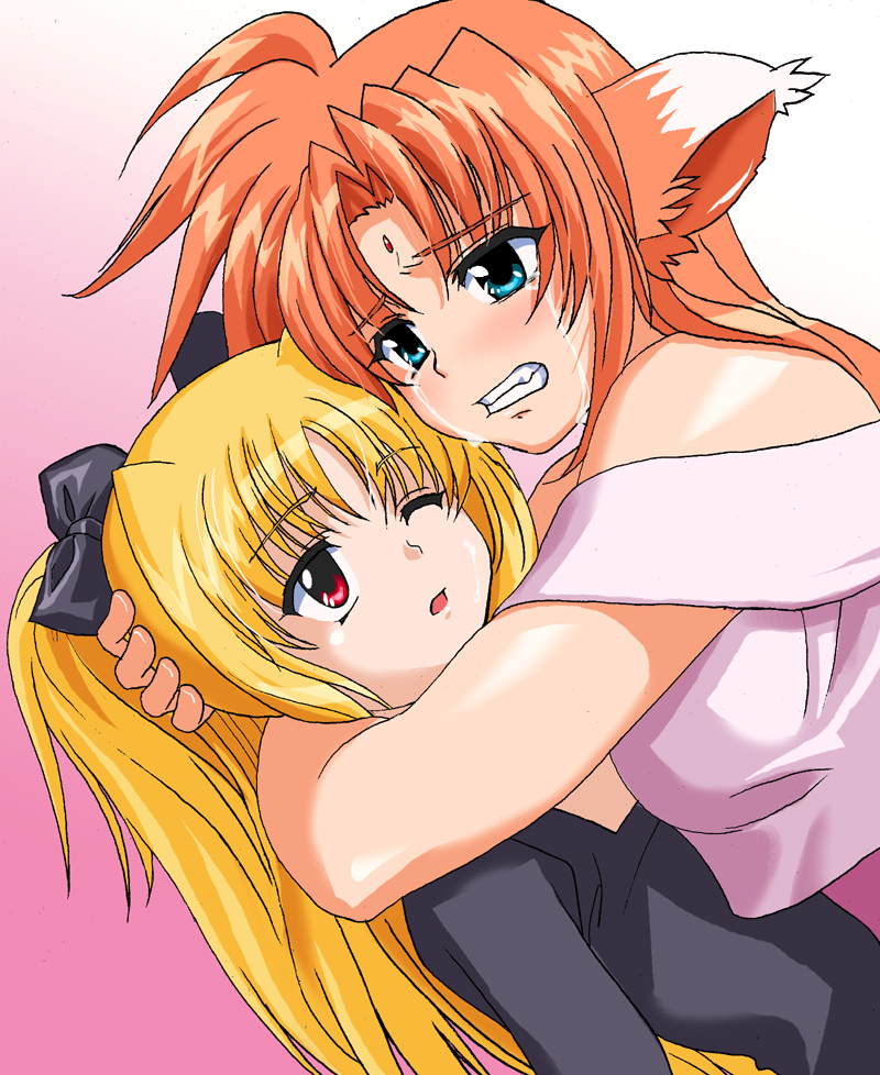 g-tetsu, arf, fate testarossa, lyrical nanoha, mahou shoujo lyrical nanoha, mahou shoujo lyrical nanoha a's, 00s, 2girls, ;o, animal ears, bare shoulders, blonde hair, blue eyes, bow, brown eyes, clenched teeth, crying, crying with eyes open, facepaint, facial mark, forehead jewel, forehead mark, fox ears, gradient background, hair bow, hug, long hair, multiple girls, off shoulder, one eye closed, open mouth, pink background, red eyes, simple background, tears, teeth, twintails, upper body