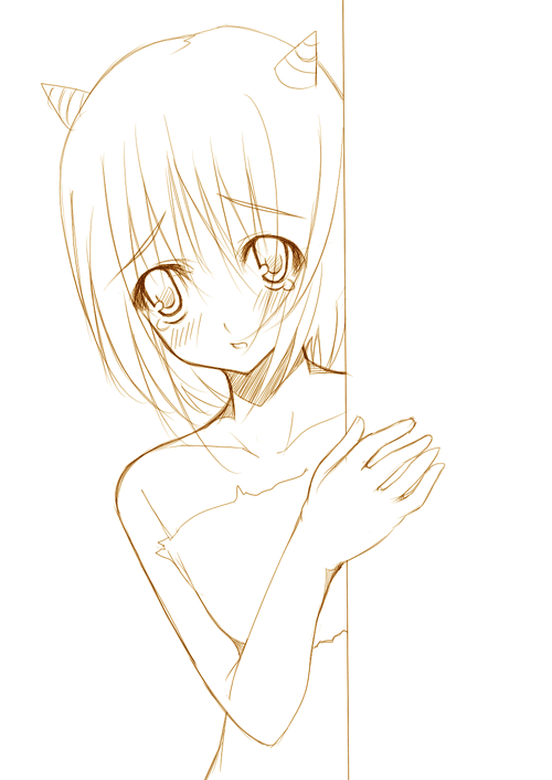 nakamura kusata, 1girl, brown theme, demon girl, female focus, hiding, horns, monochrome, oni, solo, teardrop
