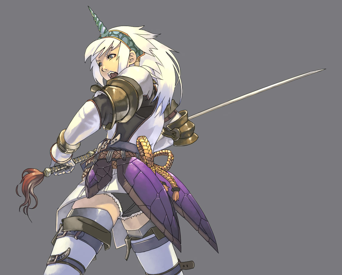 guuuu tarara, vespoid, capcom, monster hunter (series), looking away, 1girl, :o, armor, belt, blue eyes, bracelet, denim, denim shorts, elbow gloves, female focus, fighting stance, from behind, gloves, hairband, horns, jewelry, khezu (armor), kirin (armor), long hair, open mouth, rope, short shorts, shorts, shorts under skirt, simple background, single horn, skirt, solo, spiked hair, spread legs, standing, strap, sword, thigh strap, thighhighs, torn clothes, upskirt, vespoid (armor), weapon, white hair, white thighhighs, yellow eyes