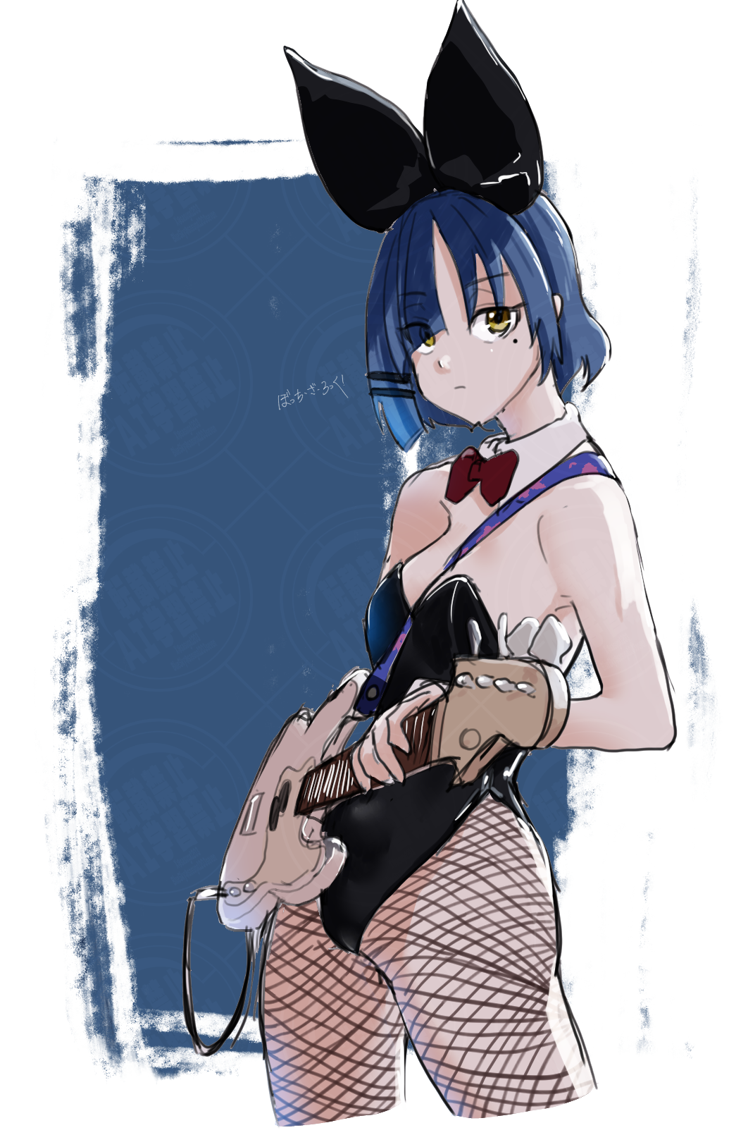 remya, yamada ryo, bocchi the rock!, highres, 1girl, animal ear hairband, animal ears, between breasts, black leotard, blue hair, bow, bowtie, breasts, cable, cleavage, detached collar, fake animal ears, fishnet pantyhose, fishnets, guitar, hair ornament, hairband, hairclip, holding, holding guitar, holding instrument, instrument, leotard, looking at viewer, mole, mole under eye, pantyhose, parallel hairclips, playboy bunny, red bow, red bowtie, short hair, solo, standing, strap between breasts, strapless, strapless leotard, yellow eyes