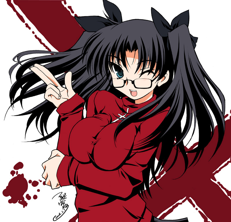 tsurugi hagane, tohsaka rin, fate/stay night, fate (series), 00s, 1girl, breasts, female focus, glasses, hand up, large breasts, long sleeves, open mouth, solo, turtleneck, two side up