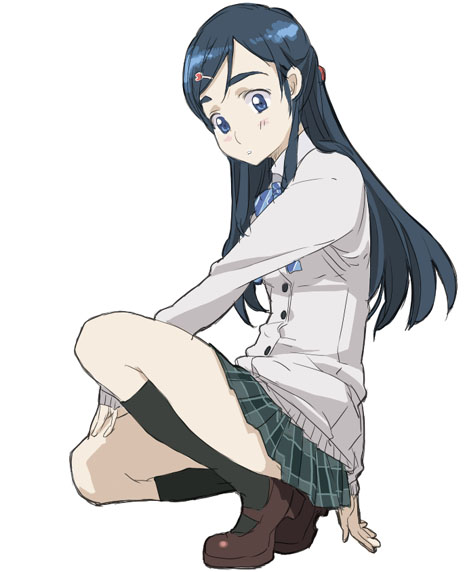 mura (kanojo no oukoku), yukishiro honoka, futari wa precure, precure, striped neckwear, 00s, 1girl, blazer, blue eyes, blue hair, bow, bowtie, female focus, jacket, kneehighs, long hair, matching hair/eyes, pleated skirt, school uniform, simple background, skirt, socks, solo, squatting, striped bow, striped bowtie, striped clothes, white background