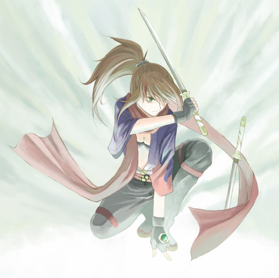 midori, sugiura midori, my-hime, my-otome, 00s, 1girl, brown hair, female focus, gloves, ponytail, scarf, solo, sword, weapon