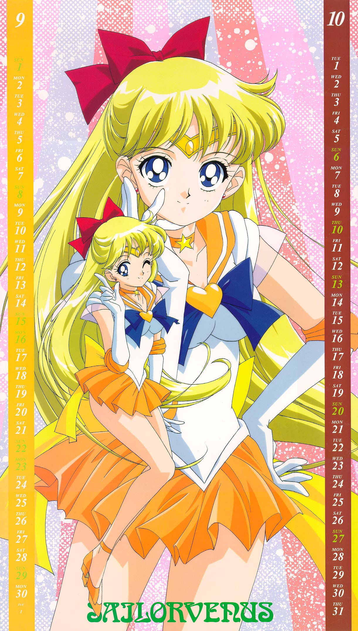 itou ikuko, aino minako, sailor venus, super sailor venus, bishoujo senshi sailor moon, bishoujo senshi sailor moon supers, highres, official art, 00s, 1990s (style), 1girl, 2002, blonde hair, blue eyes, bow, brooch, calendar, character name, choker, circlet, earrings, elbow gloves, female focus, gloves, hair bow, half updo, heart, heart brooch, jewelry, long hair, magical girl, miniskirt, october, one eye closed, orange skirt, pink background, pleated skirt, red bow, retro artstyle, school uniform, september, serafuku, skirt, smile, solo, star (symbol), tiara, very long hair, white gloves, wink