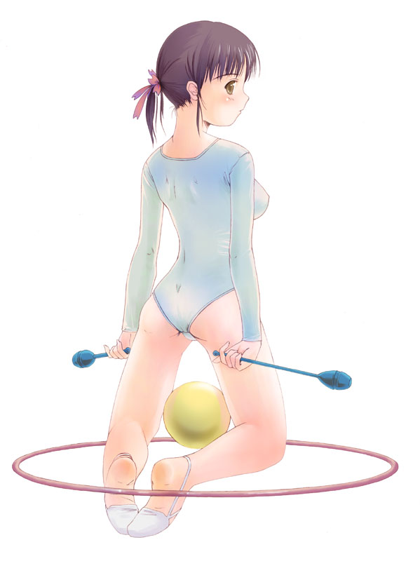 yurikuta tsukumi, original, bad id, bad pixiv id, 1girl, athletic leotard, ball, bare legs, barefoot, breasts, brown eyes, brown hair, feet, female focus, from behind, gymnast leotard, gymnastics, gymnastics club, half-soles, hoop, hula hoop, juggling club, kneeling, leotard, looking back, medium breasts, profile, rhythmic gymnastics, simple background, slippers, solo, white background