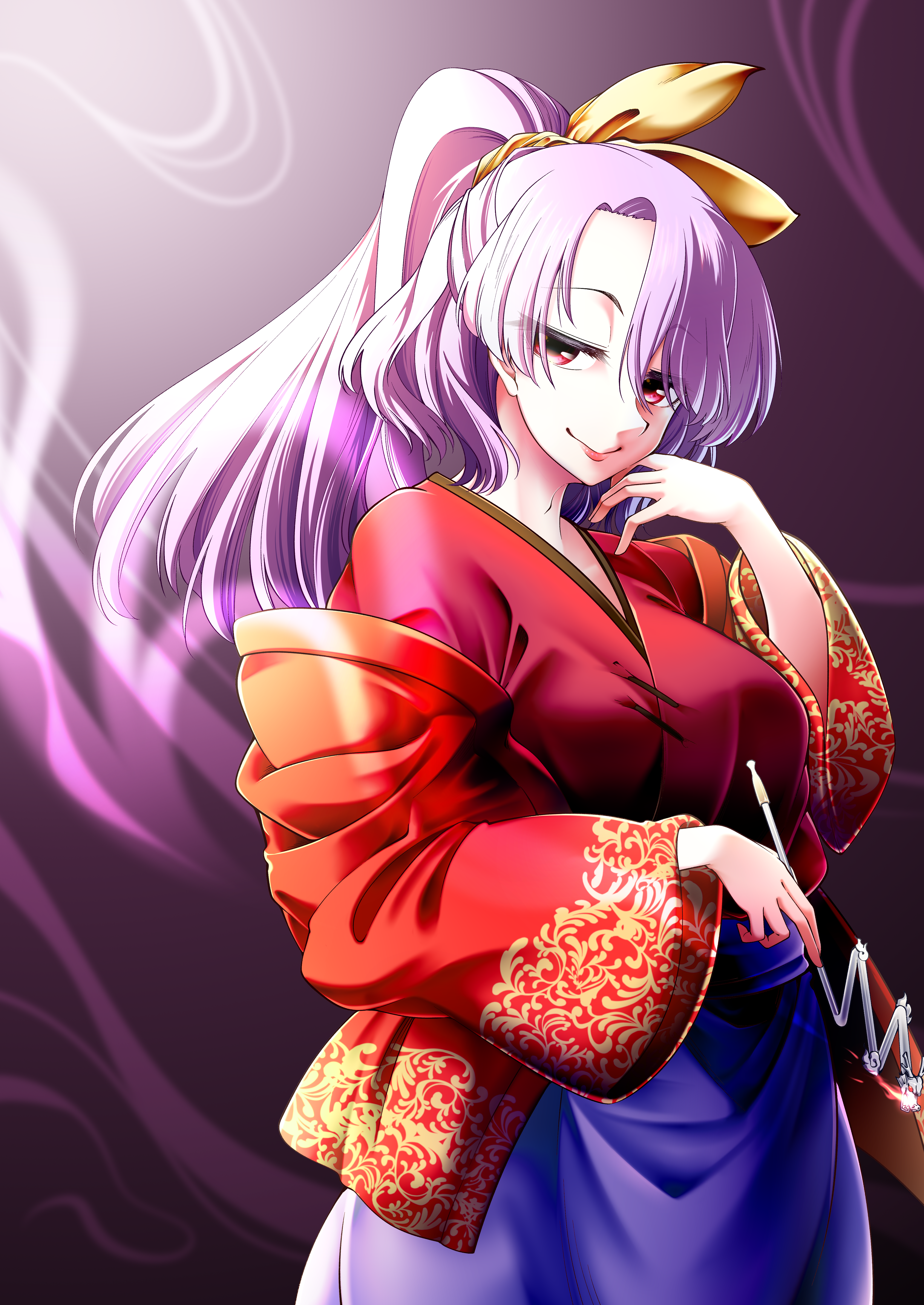 0-den, komakusa sannyo, touhou, absurdres, highres, 1girl, breasts, high ponytail, holding, holding smoking pipe, japanese clothes, kimono, looking to the side, ponytail, purple hair, purple skirt, red eyes, red kimono, skirt, smile, smoking pipe, solo, wide sleeves