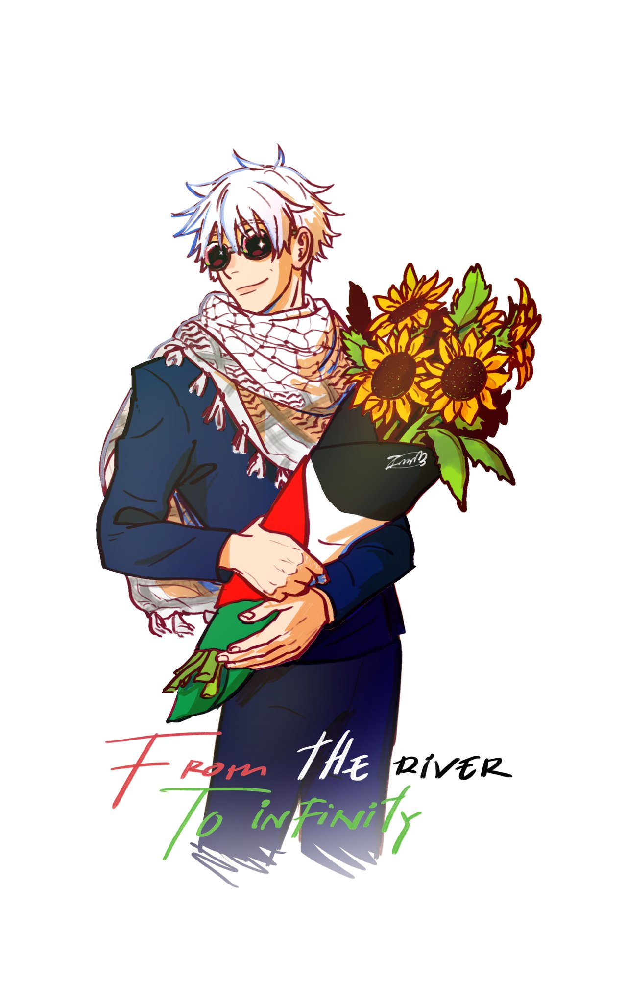 gojou satoru, jujutsu kaisen, commentary, english commentary, highres, 1boy, black jacket, bouquet, closed mouth, cybereev, flower, hair between eyes, holding, holding bouquet, israel-hamas war, jacket, keffiyeh, long sleeves, male focus, palestine, palestinian flag, pants, short hair, simple background, smile, solo, sunflower, sunglasses, white background, white hair