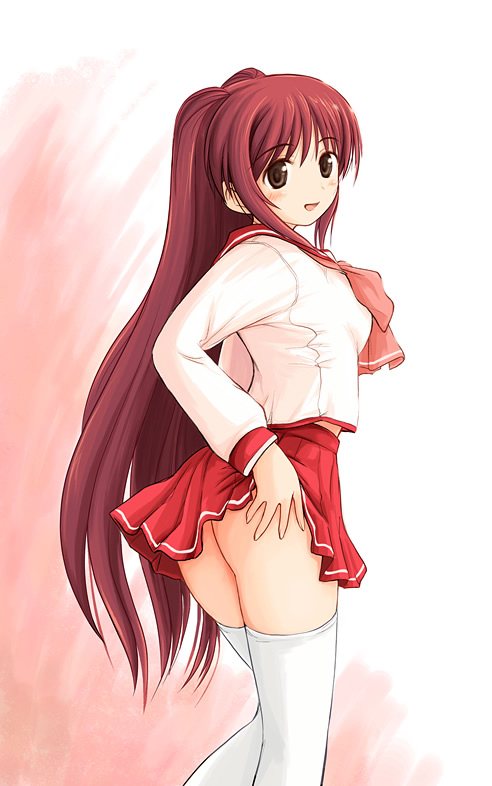 ryp, kousaka tamaki, to heart (series), to heart 2, 00s, 1girl, blush, brown eyes, clothes lift, female focus, from side, long hair, looking at viewer, no panties, red hair, school uniform, serafuku, skirt, skirt lift, solo, thighhighs, very long hair