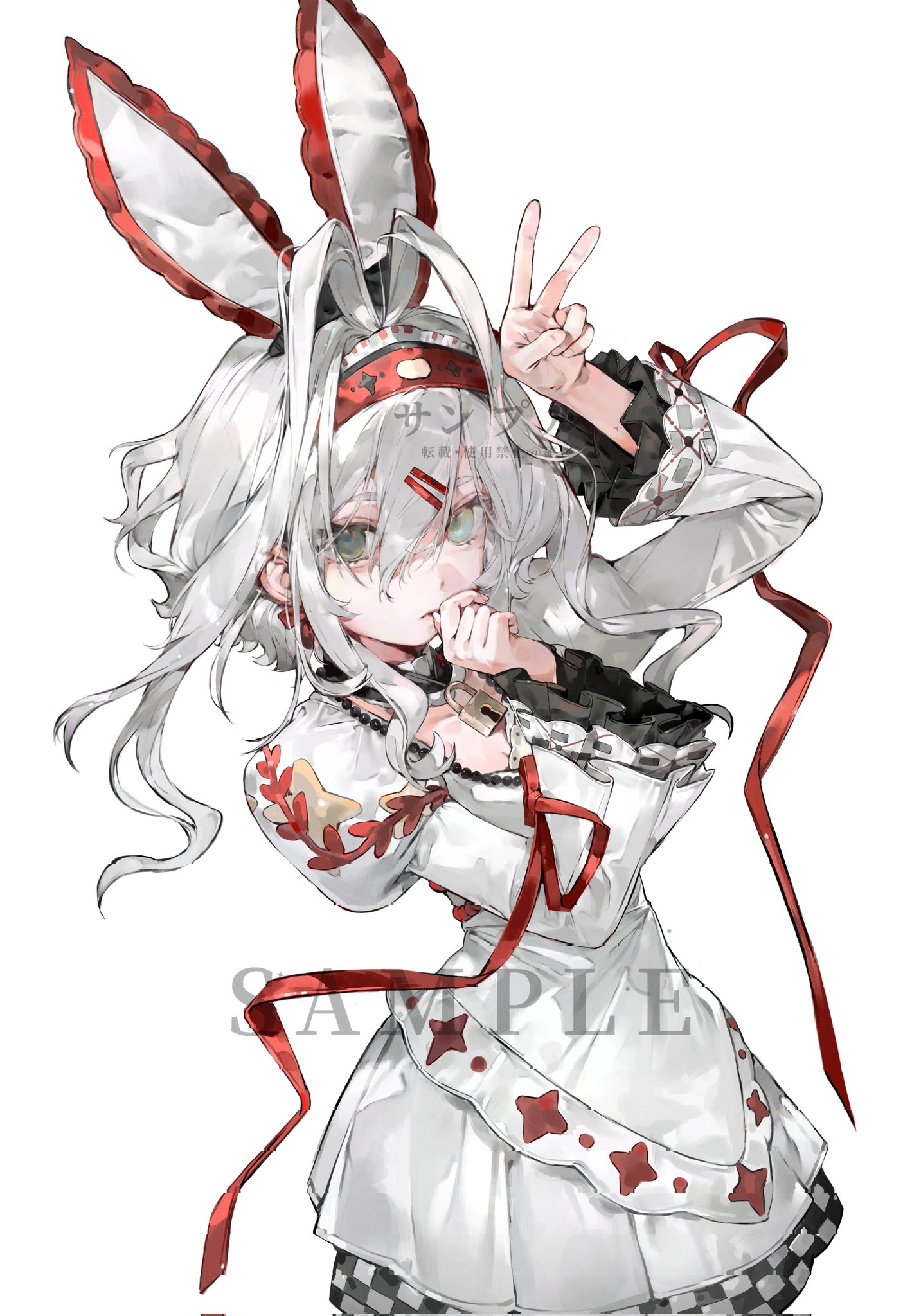 baifeidaiwang, original, highres, 1girl, animal ears, black collar, blue eyes, checkered clothes, checkered dress, closed mouth, collar, cowboy shot, dot nose, dress, expressionless, eyelashes, fake animal ears, frilled sleeves, frills, grey eyes, hair between eyes, hair ornament, hairband, hairclip, hand on own chin, heterochromia, juliet sleeves, light frown, long hair, long sleeves, looking at viewer, parallel hairclips, puffy sleeves, rabbit ears, red hairband, red ribbon, ribbon, ribbon-trimmed sleeves, ribbon trim, sample watermark, short dress, sidelocks, simple background, sleeve ribbon, solo, standing, v, watermark, wavy hair, white background, white dress, white hair