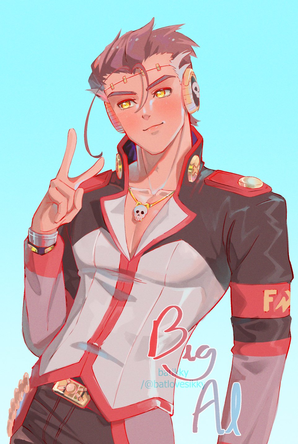 batikky, big al, vocaloid, commentary, english commentary, highres, 1boy, adam's apple, arm at side, belt, black pants, blue background, blush, brown hair, character name, closed mouth, collarbone, collared shirt, contrapposto, cowboy shot, gold necklace, hair between eyes, hair slicked back, hand up, jewelry, long sleeves, looking to the side, male focus, necklace, pants, red belt, red trim, shirt, short hair, simple background, skull necklace, smile, standing, toned, toned male, twitter username, v, v-shaped eyebrows, very short hair, white shirt, yellow eyes