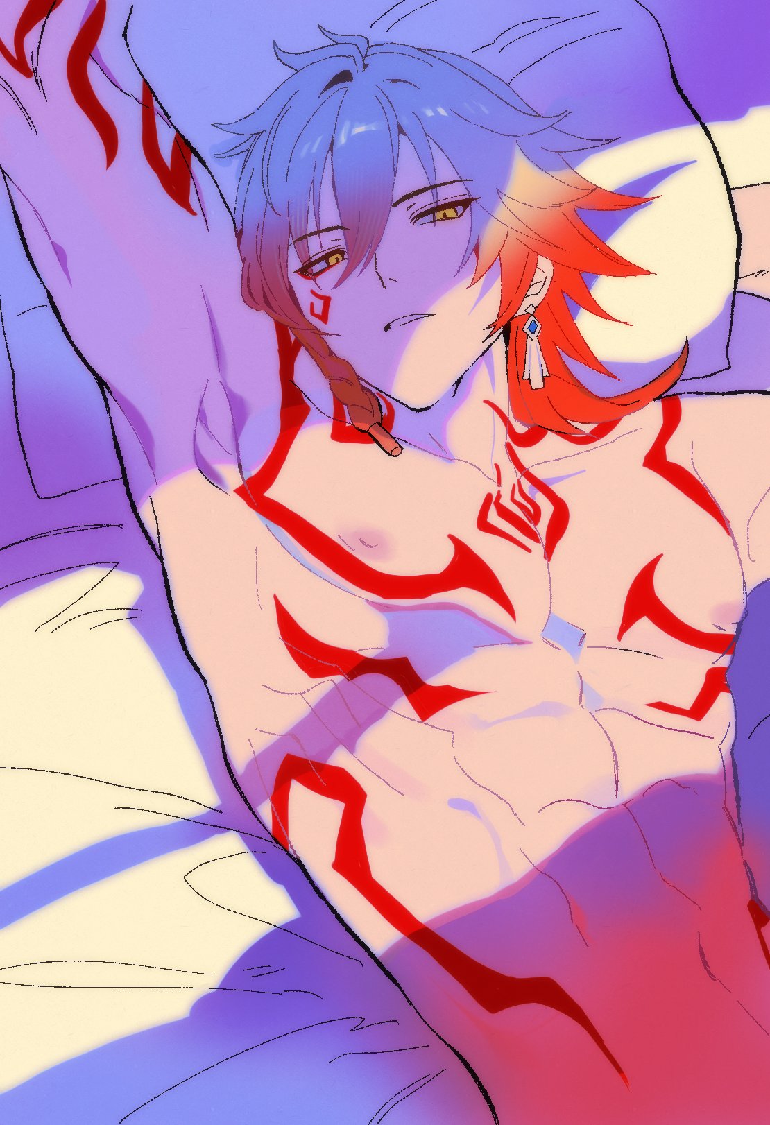 mydei (honkai: star rail), honkai: star rail, honkai (series), commentary, highres, 1boy, arm tattoo, armpits, blonde hair, braid, chest tattoo, facial tattoo, gradient hair, hair between eyes, hazozoyaku, lying, male focus, medium hair, multicolored hair, on back, on bed, parted lips, red hair, red tattoo, side braid, solo, tattoo, topless male, yellow eyes