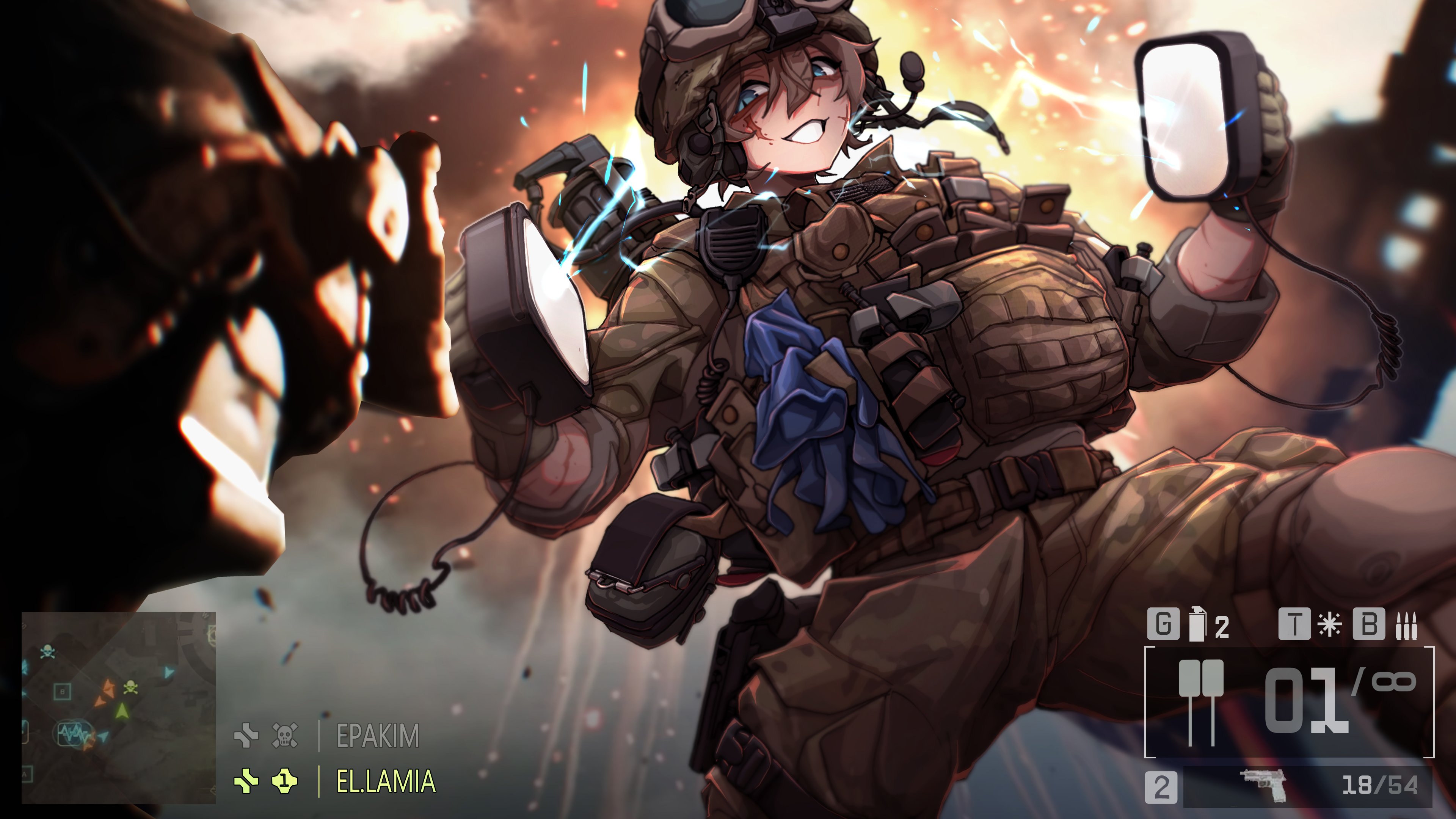 epakim, battlefield (series), original, sig sauer, absurdres, commentary, english commentary, highres, 1girl, 1other, artist name, battlefield 6, blue eyes, blue gloves, brown hair, bulletproof vest, camouflage, camouflage pants, combat helmet, defibrillator, ear protection, electricity, explosion, facial scar, gloves, goggles, goggles on headwear, green gloves, gun, handgun, helmet, holding, knee pads, lamia (epakim), looking at viewer, microphone, minimap, pants, radio, scar, scar across eye, scar on arm, scar on cheek, scar on face, sig sauer p320, sleeves rolled up, smile, solo, tactical clothes, user interface, weapon, white mouth