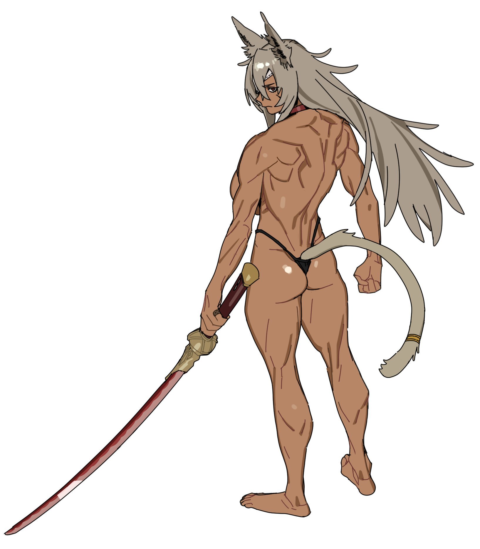 imamura ryou, ghislaine dedoldia, mushoku tensei, highres, 1girl, animal ear fluff, ass, back, bare arms, bare shoulders, barefoot, holding, holding sword, holding weapon, muscular, muscular female, sword, weapon