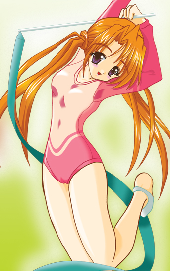 sakuya (sister princess), sister princess, 00s, 1girl, :d, arms up, bare legs, blush, cameltoe, covered navel, dancing, female focus, leg up, leotard, long sleeves, oekaki, open mouth, orange hair, purple eyes, skin tight, smile, solo, standing, standing on one leg, twintails