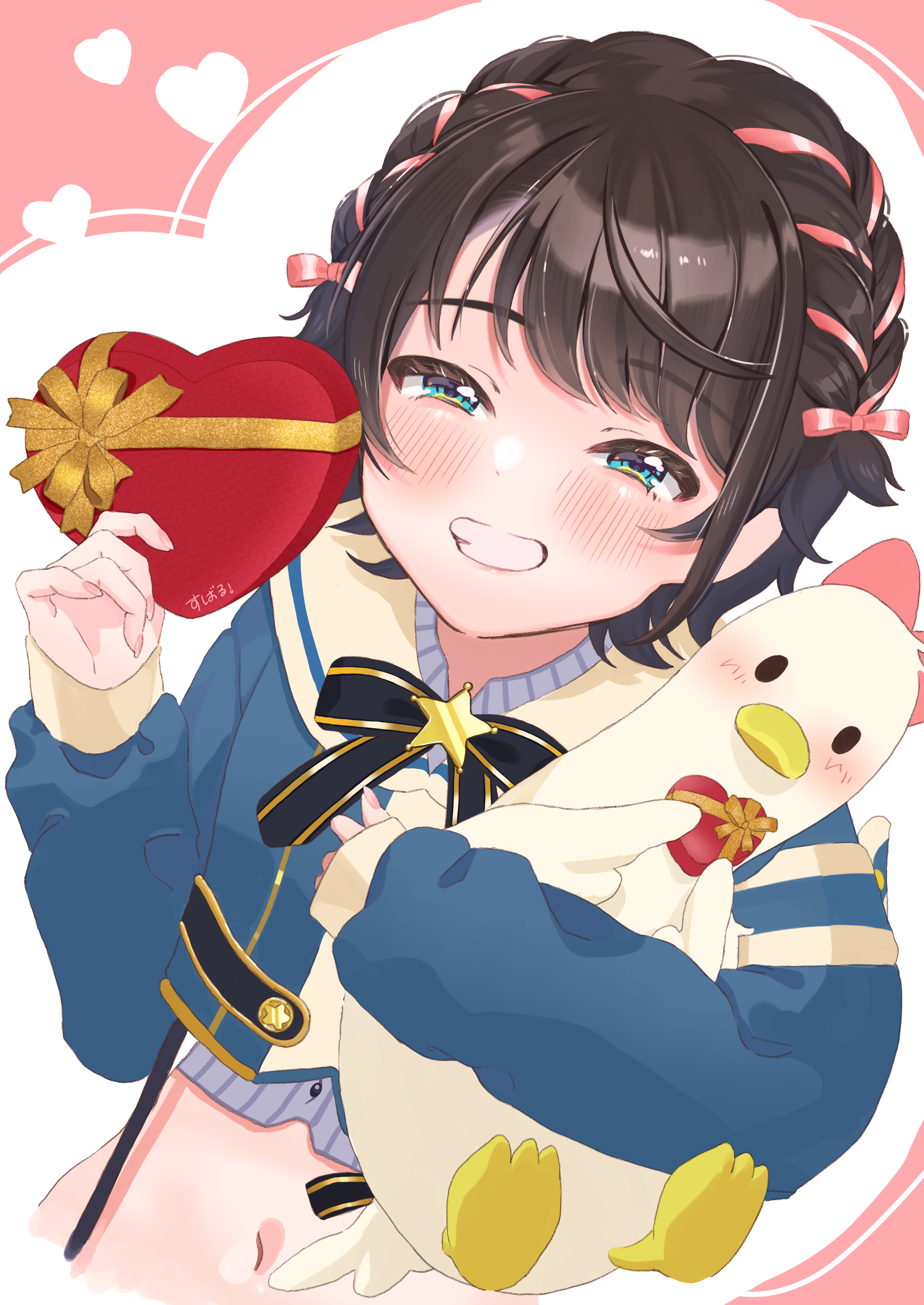 user murasaki, oozora subaru, oozora subaru (suspenders), hololive, absurdres, highres, 1girl, animal, bird, black bow, black bowtie, black hair, blue eyes, blush, bow, bowtie, box, duck, hair ribbon, heart, heart-shaped box, holding, holding animal, holding box, long sleeves, navel, pink ribbon, ribbon, short hair, smile, star (symbol), stomach, suspenders, virtual youtuber